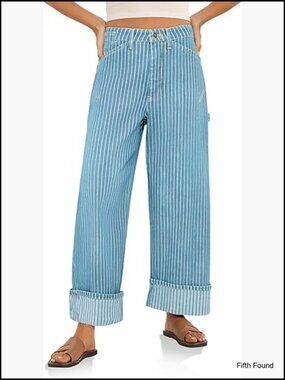 Striped Wide Leg Boyfriend Jeans High Waisted Cuffed Denim Pockets